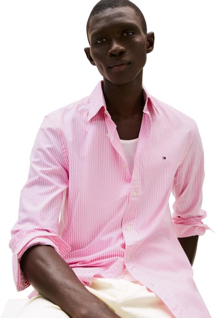 Мужские рубашки Tommy Hilfiger Poplin с длинным рукавом, классического кроя, застегивающиеся на пуговицы, также доступны в размерах для больших и высоких размеров., Classic Pink / Optic White Stripe — фото 2