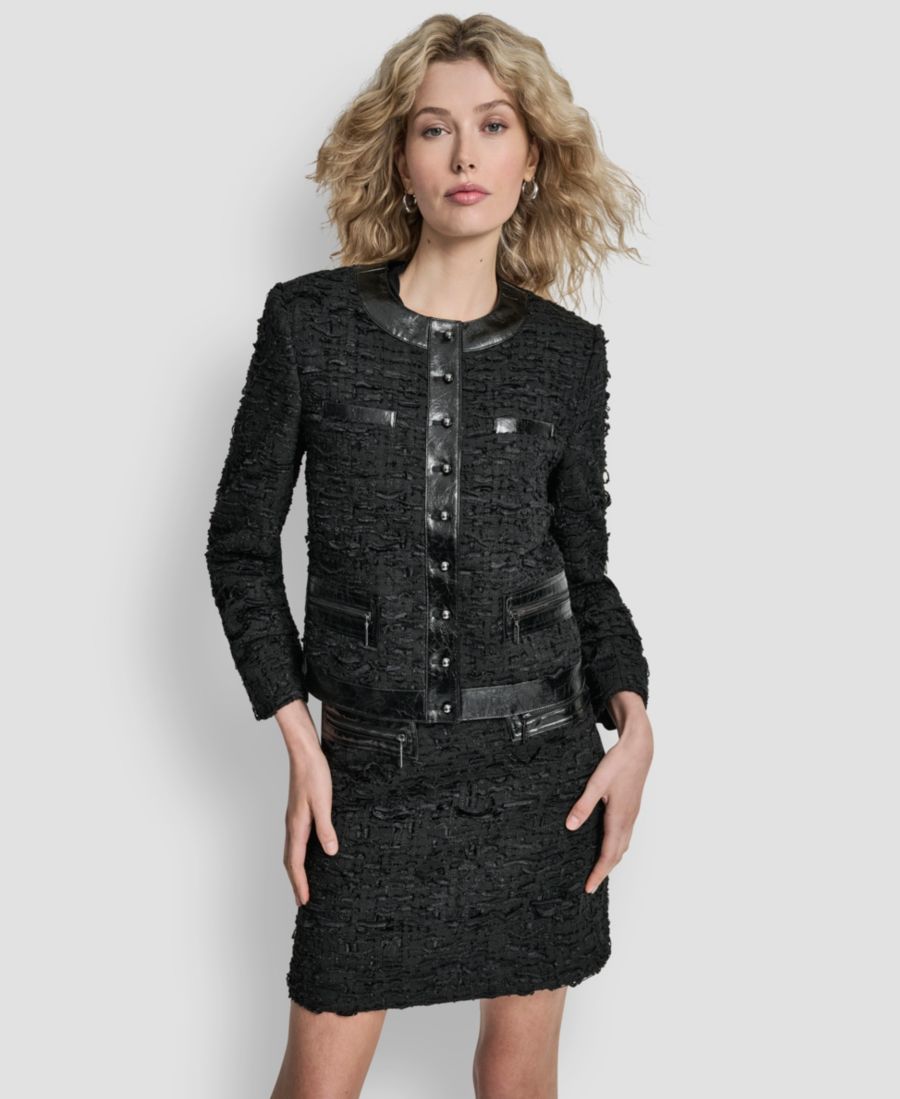 

Женский жакет с круглым вырезом из комбинированной ткани (твид и кракелюр) и фактурная мини-юбка DKNY, Black