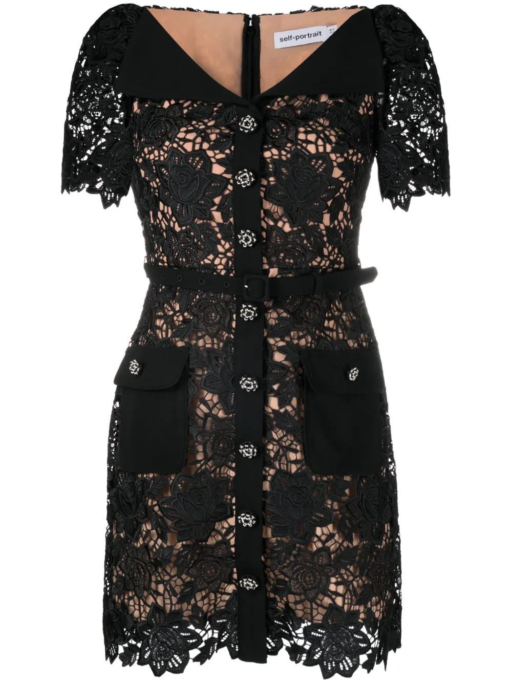

Платье мини с цветочным кружевом Self-Portrait, черный