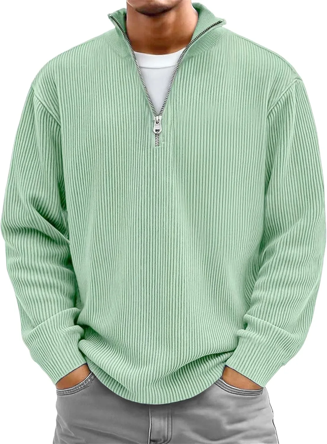 

Мужской вязаный свитер-пуловер с четвертной молнией, длинный рукав, легкий, свободный крой BESKWJE