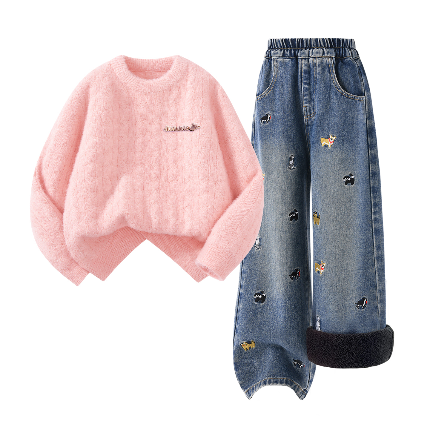 Детская повседневная спортивная одежда Disney, [Thickened And Fleece-Lined]Di-Chang Metal Label K Ecru+Solid Color Denim Blue — фото 3