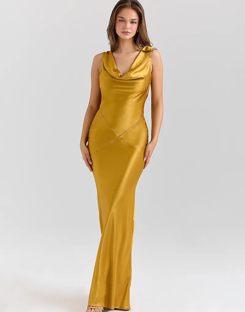 

Платье-макси с воротником-хомут из атласа House of CB Safaira янтарного цвета с драпировкой