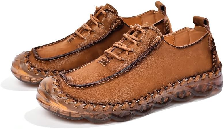 

Мужские лоферы повседневные легкие кожаные туфли и прогулок, нескользящие оксфорды, ручная строчка, дышащие деловые мокасины Desese, коричневый