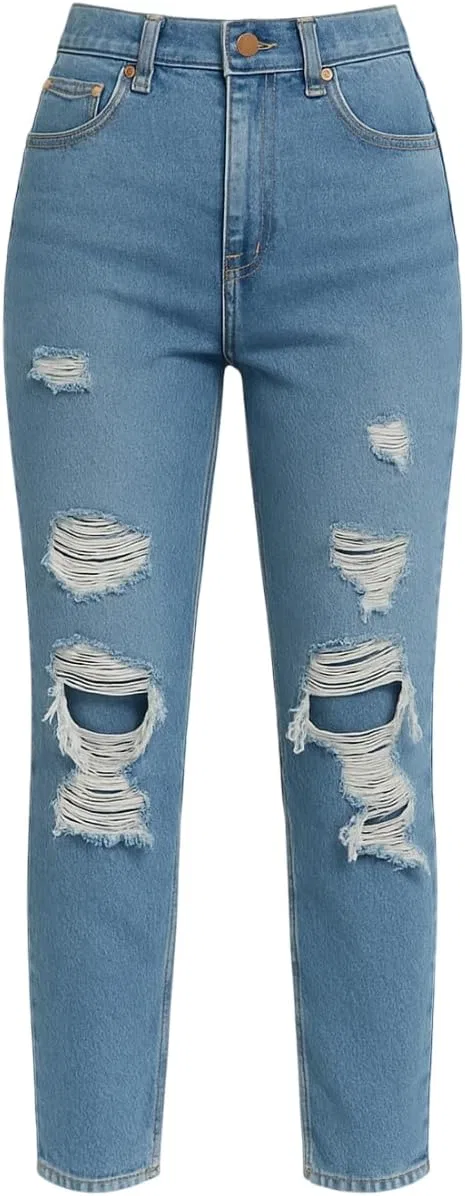 Джинсы с завышенной талией, потертые, Blue Washed