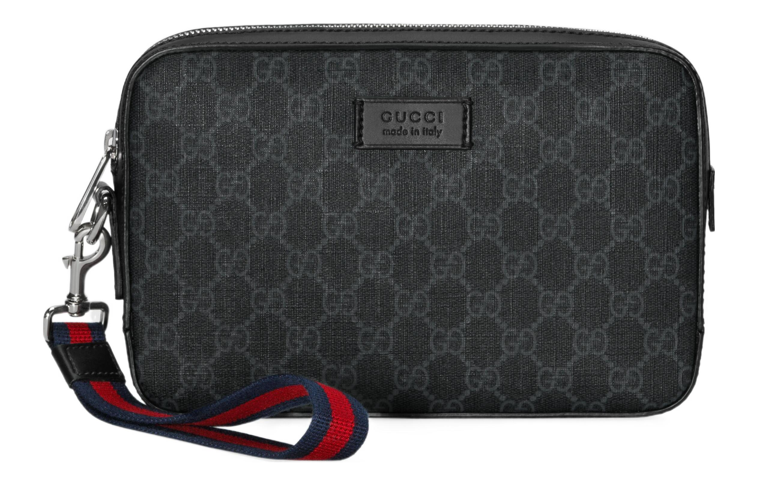 

Сумка-косметичка из холста с кожаными вставками Trumpets мужская серая черная GUCCI