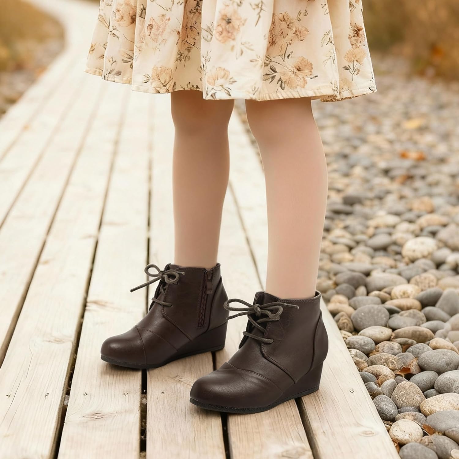 DREAM PAIRS ботильоны на низком клиновидном каблуке с боковой молнией для малышей/детей младшего и старшего возраста, Brown-Pu — фото 2