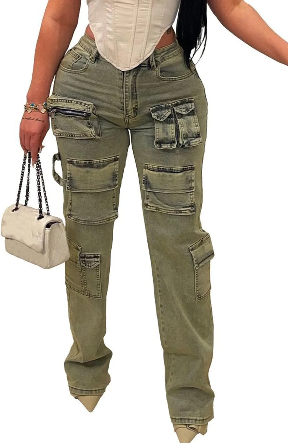 

Tcremisa женские винтажные джинсы карго с потертостями Y2K низкая посадка прямой крой