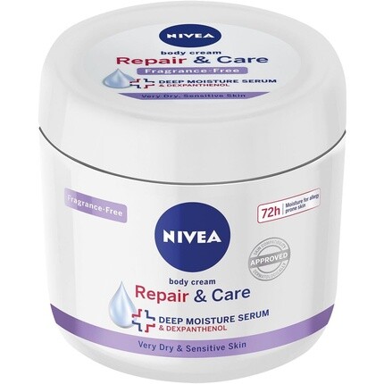 

Крем для восстановления и ухода за телом NIVEA Body Repair & Care Cream 400 мл в баночке Чувствительный увлажняющий крем с сывороткой NIVEA Deep Moisture Serum укрепляющая формула для сухой кожи