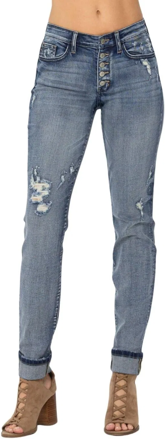 Generic Джинсы Judy Blue женские Mid Rise Boyfriend Fit с манжетами (Style 82396)