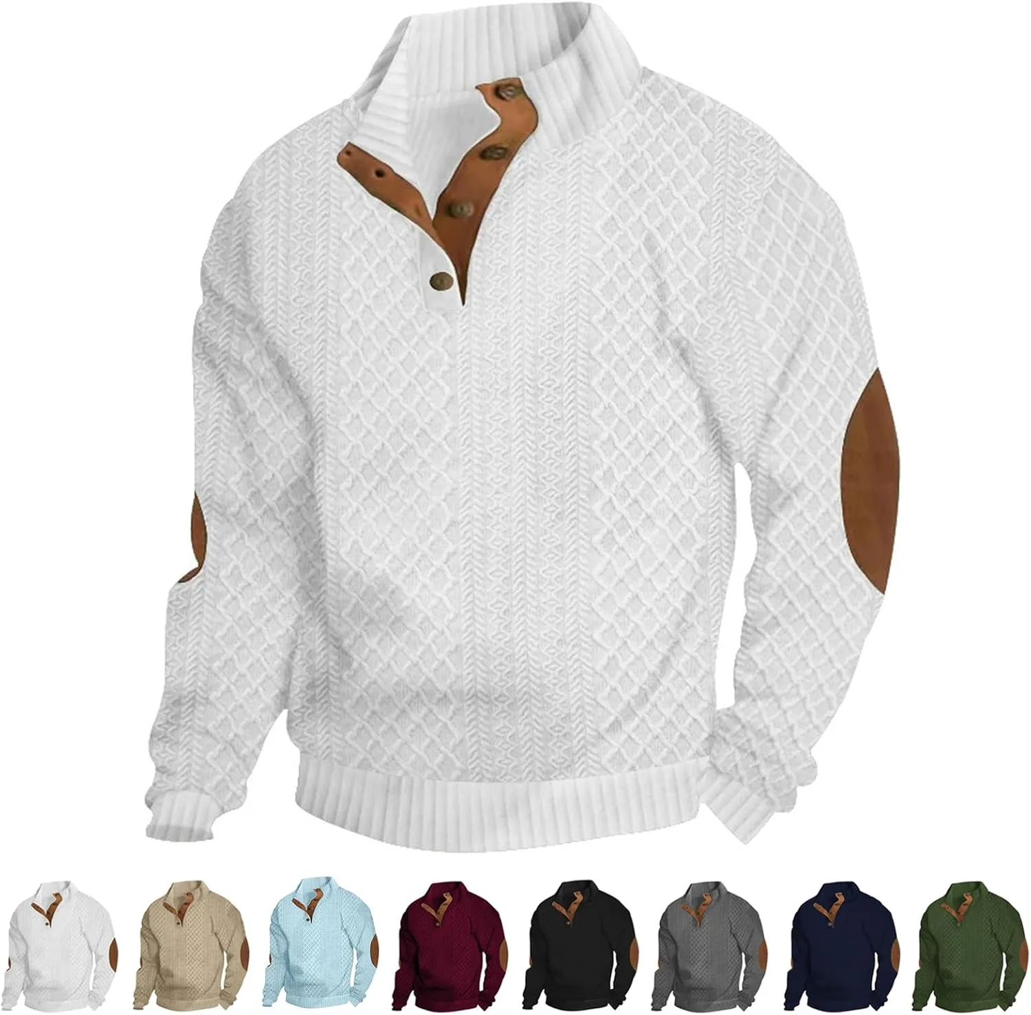 

Мужской свитер YTINGNICE с кабельной вязкой, отложной воротник и накладки на локтях