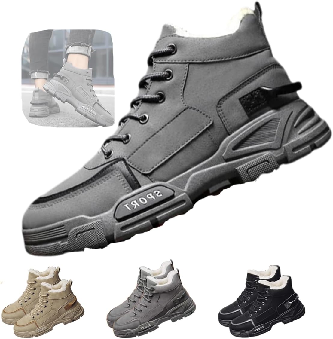 

Мужские стильные тактические высокие ботинки на шнуровке, дышащие, удобные, с противоскользящей подошвой и утепленной меховой подкладкой для прогулок на свежем воздухе, походов, альпинизма, осени и зимы Generic, серый