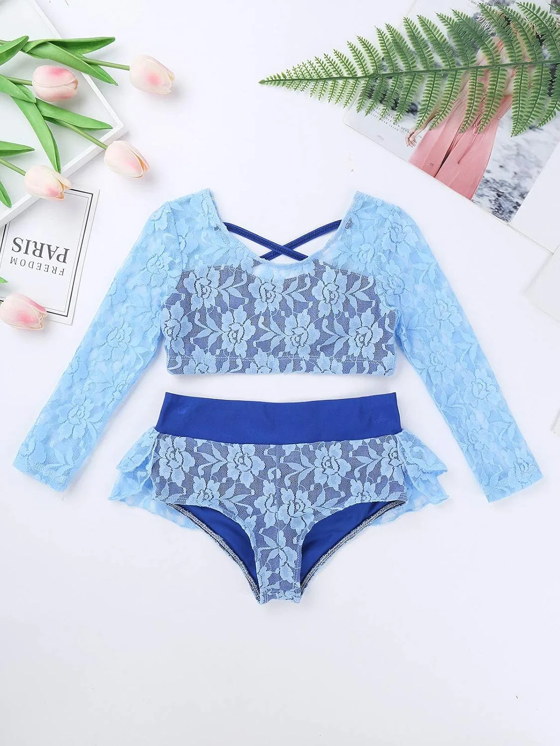 Детский спортивный комплект Agoky 2 предмета, топ с пайетками и шорты, Sky_blue Lace — фото 3