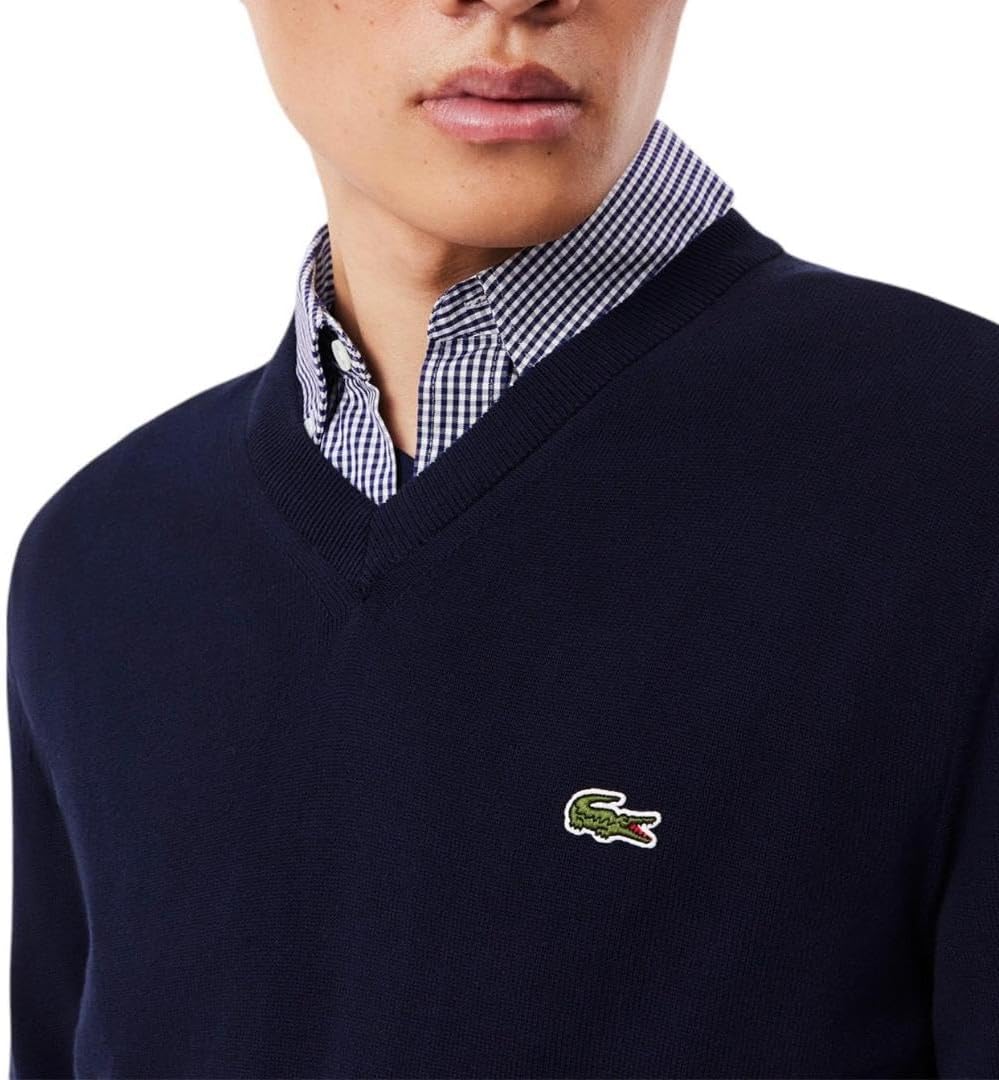 Lacoste мужской свитер с длинным рукавом, прямой крой, V-образный вырез, из органического хлопка, Navy Blue — фото 2
