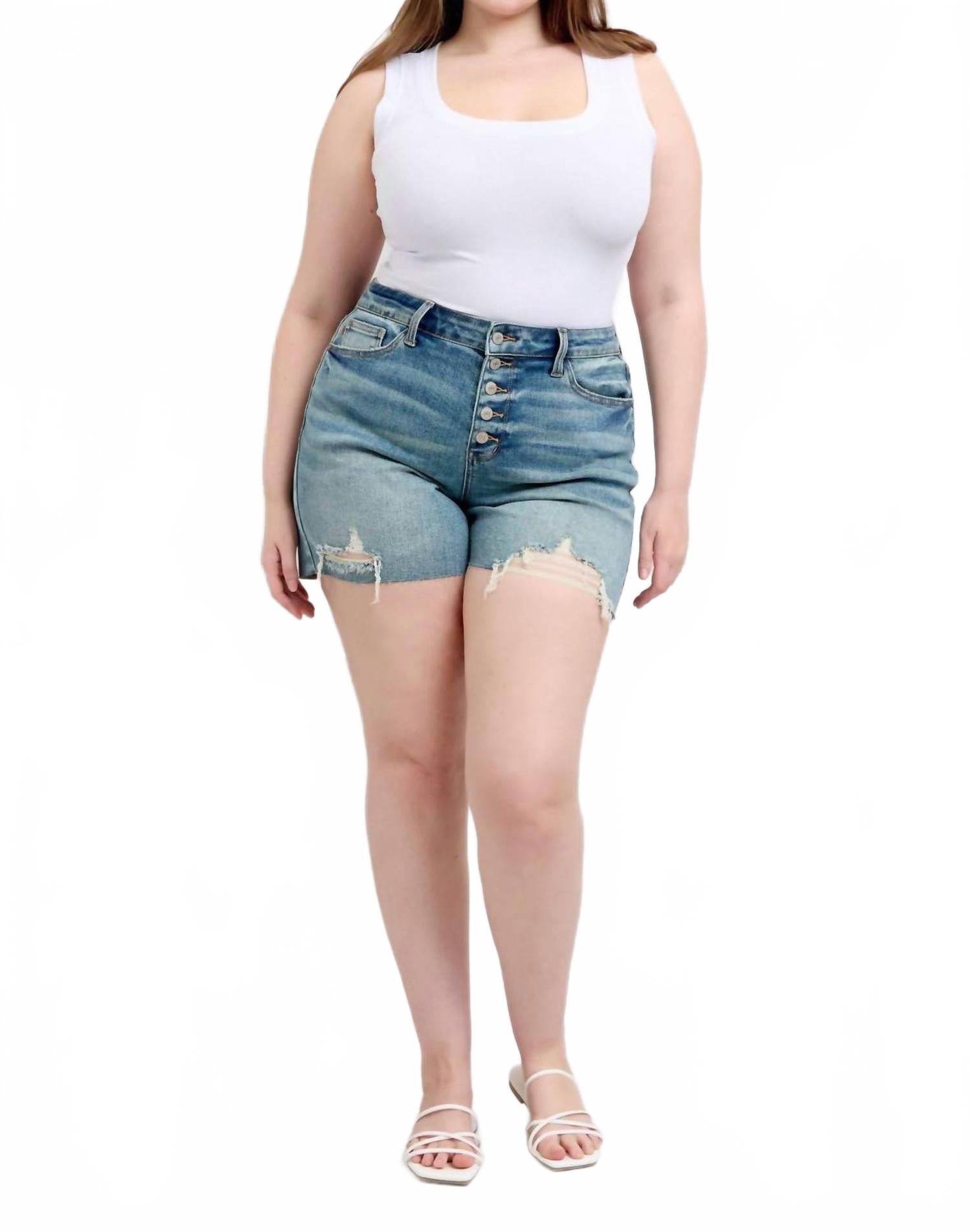 

Синие джинсовые шорты Mid Rise Vintage с пуговицами и эффектом потертости Judy Blue