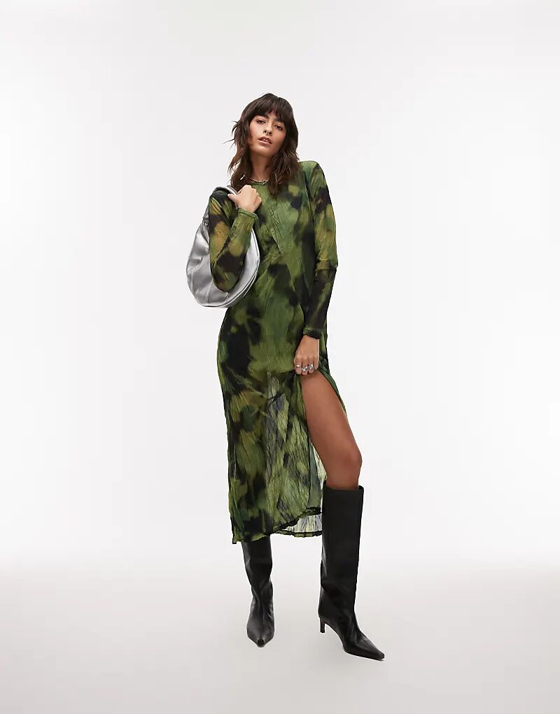 

Зеленое платье-миди с размытым цветочным узором и длинными рукавами Topshop