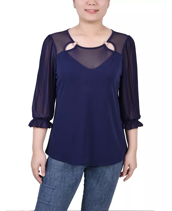 

Миниатюрный сетчатый топ с рукавами 3/4 NY Collection, синий