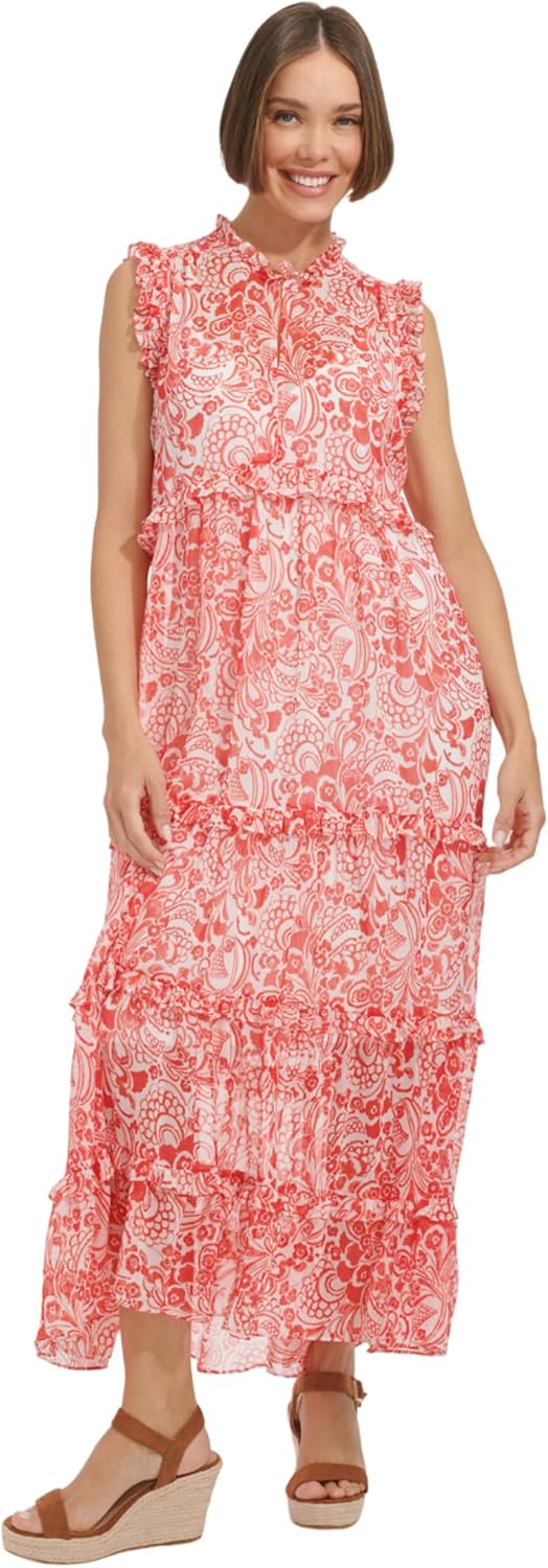 

Женское шифоновое платье Tommy Hilfiger без рукавов с принтом «замочная скважина», Ivory/Guava