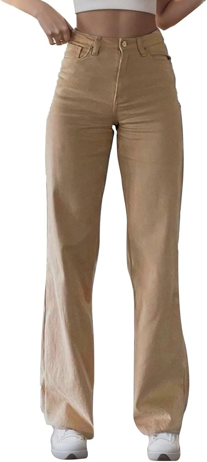 Джинсы свободные, высокие, Beige, Pull On Jeans