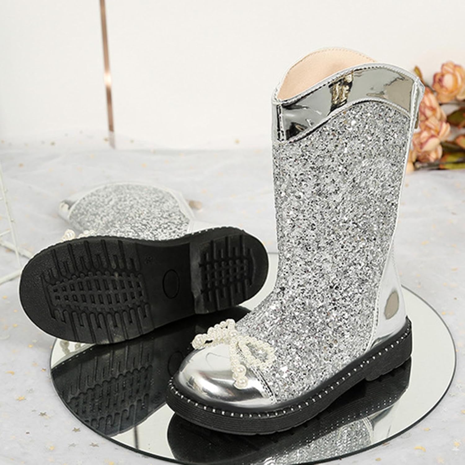 Сапожки Ctreela Sparkle Cowgirl для маленьких и больших детей, ковбойские западные блестящие сапожки для девочек, металлические сапоги средней высоты, серебро — фото 4