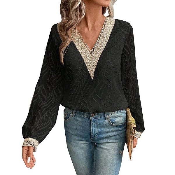 

Женская блузка с v-образным вырезом и длинным рукавом из шифона и жаккарда Yesfashion, Black
