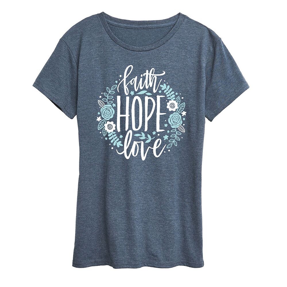 

Женская футболка Faith Hope Love с цветочным рисунком и рисунком, цвет Heather Blue