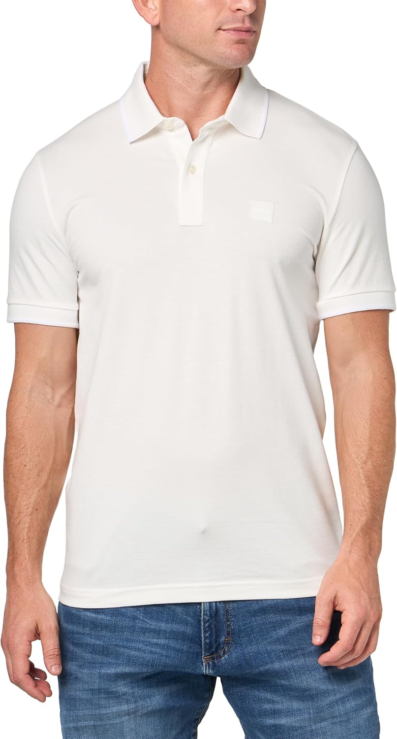 

BOSS Мужская поло с квадратным логотипом Slim Fit из хлопка, White Bone, Белый, BOSS Мужская поло с квадратным логотипом Slim Fit из хлопка, White Bone