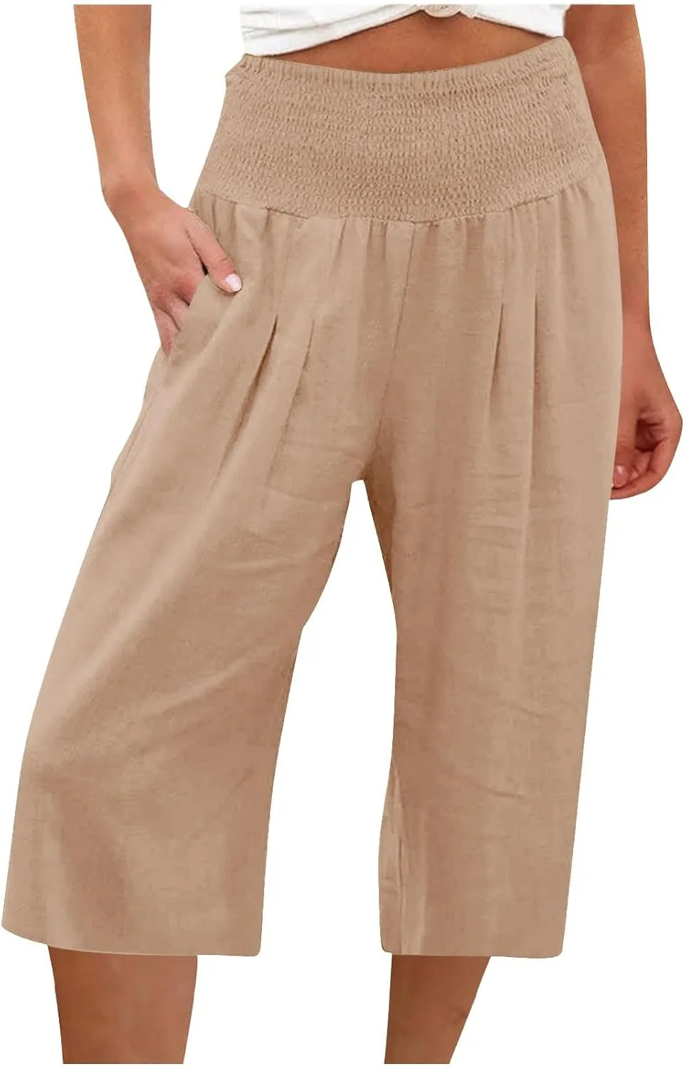 

Льняные капри для женщин с широкими штанинами, высокой талией и карманом