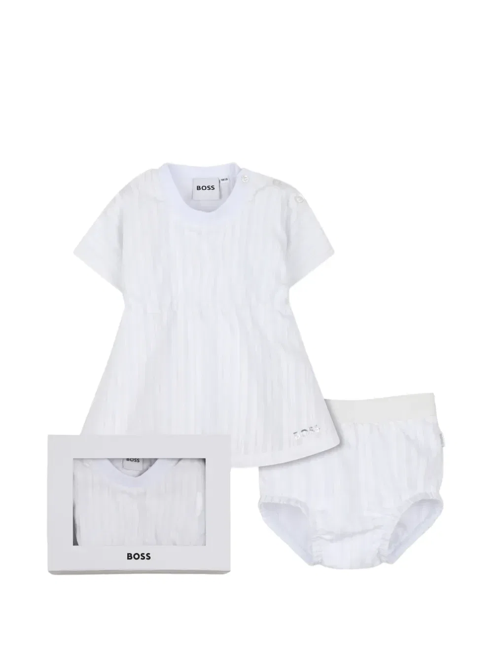 Комплект из платья и блумеров в полоску Boss Kidswear, белый