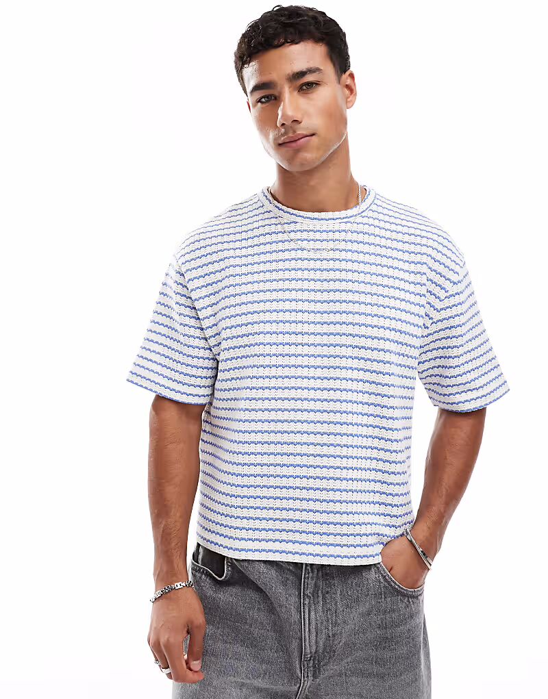 

Укороченная свободная футболка ASOS DESIGN в фактурную полоску синего цвета