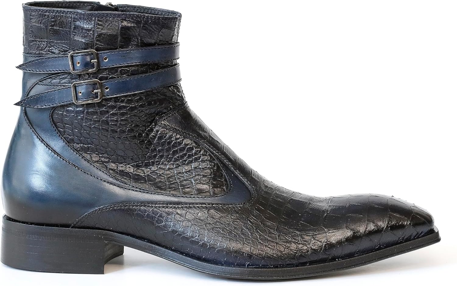 

Ботинки-казаки Jo Ghost 4766 из кожи с тиснением под крокодила синего итальянского цвета с 2 пряжками и молнией