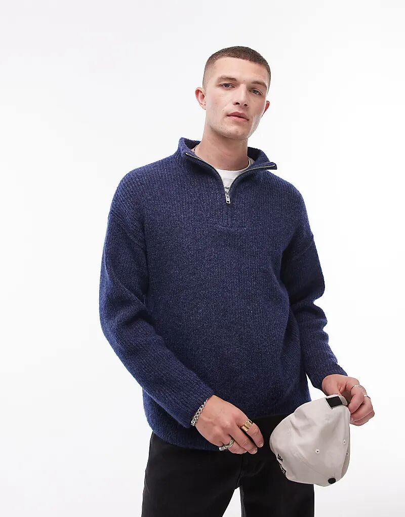 

Свободный джемпер с застежкой-молнией 1/4 темно-синего цвета Topman