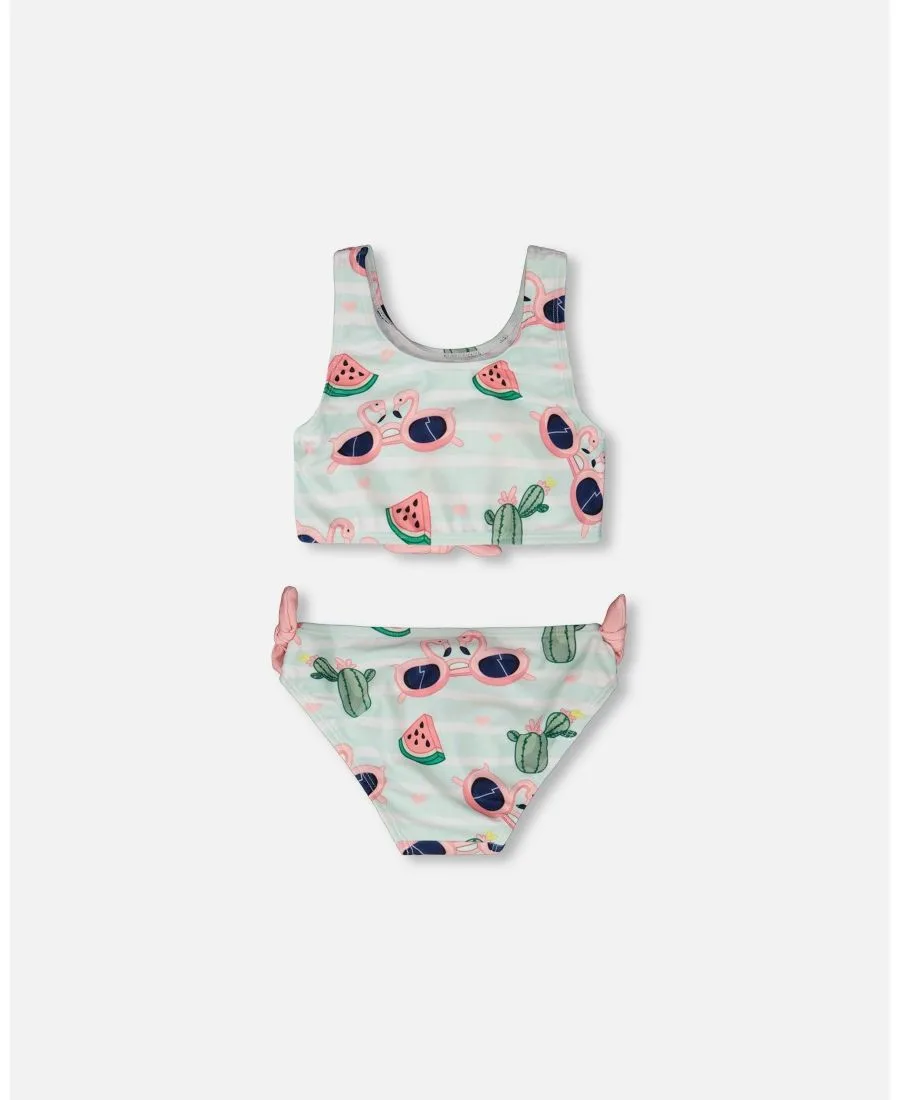 Детский купальник из двух частей с принтом фламинго и кактусов Deux par Deux, синий flamingo and cactus print — фото 4