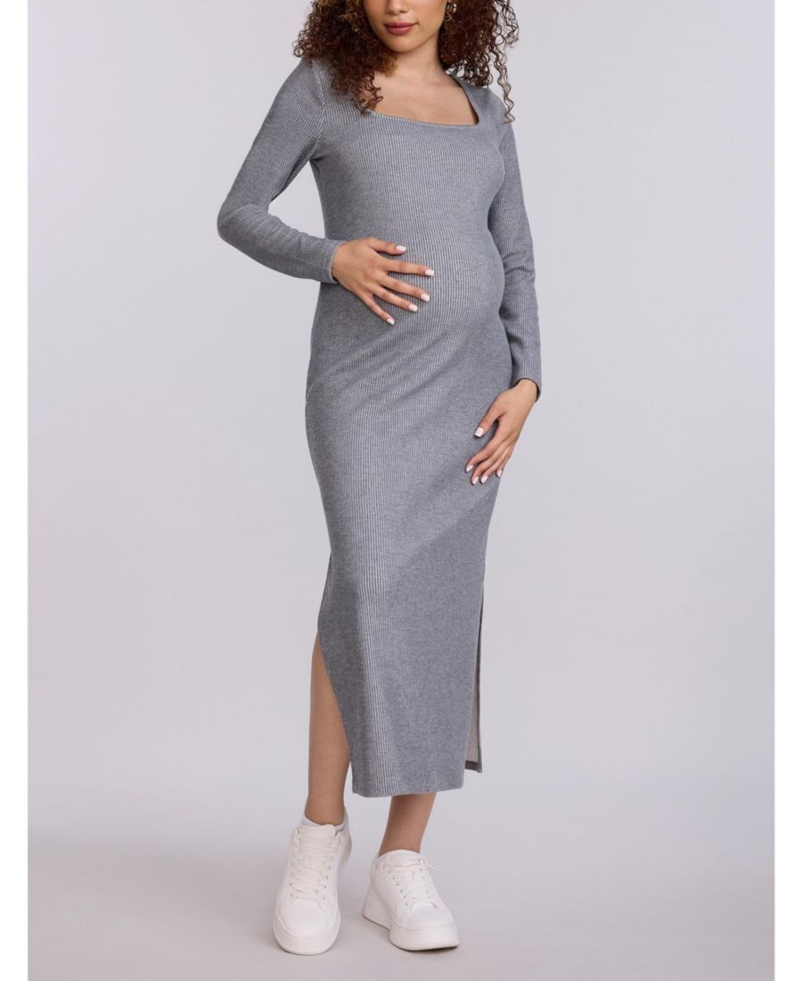 

Платье-макси для беременных с квадратным вырезом, ребристой вязкой, длинными рукавами, облегающее фигуру - для материнства Motherhood Maternity, Heather grey