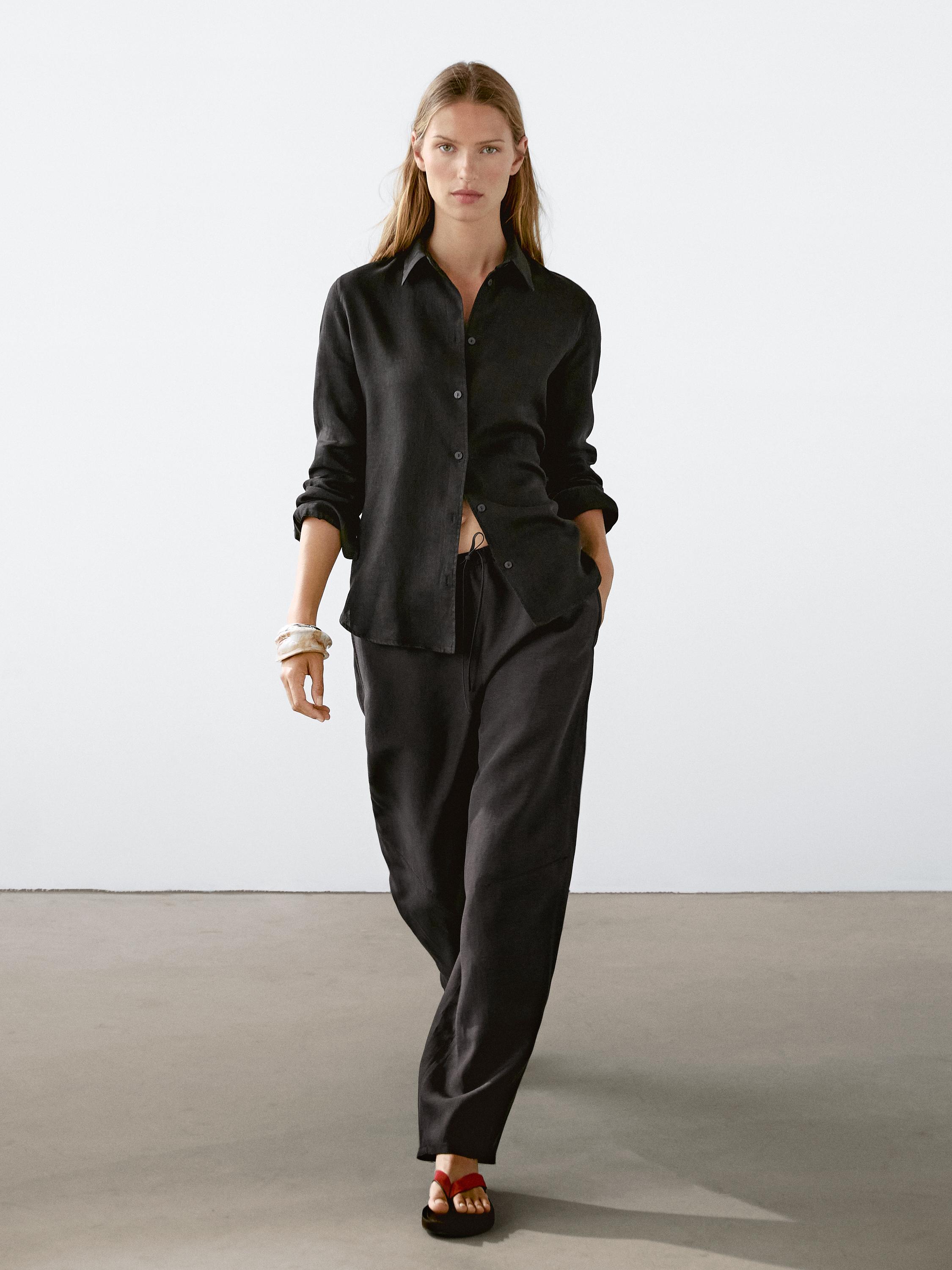 

Брюки-Бочонки из струящейся льняной смеси Massimo Dutti, черный