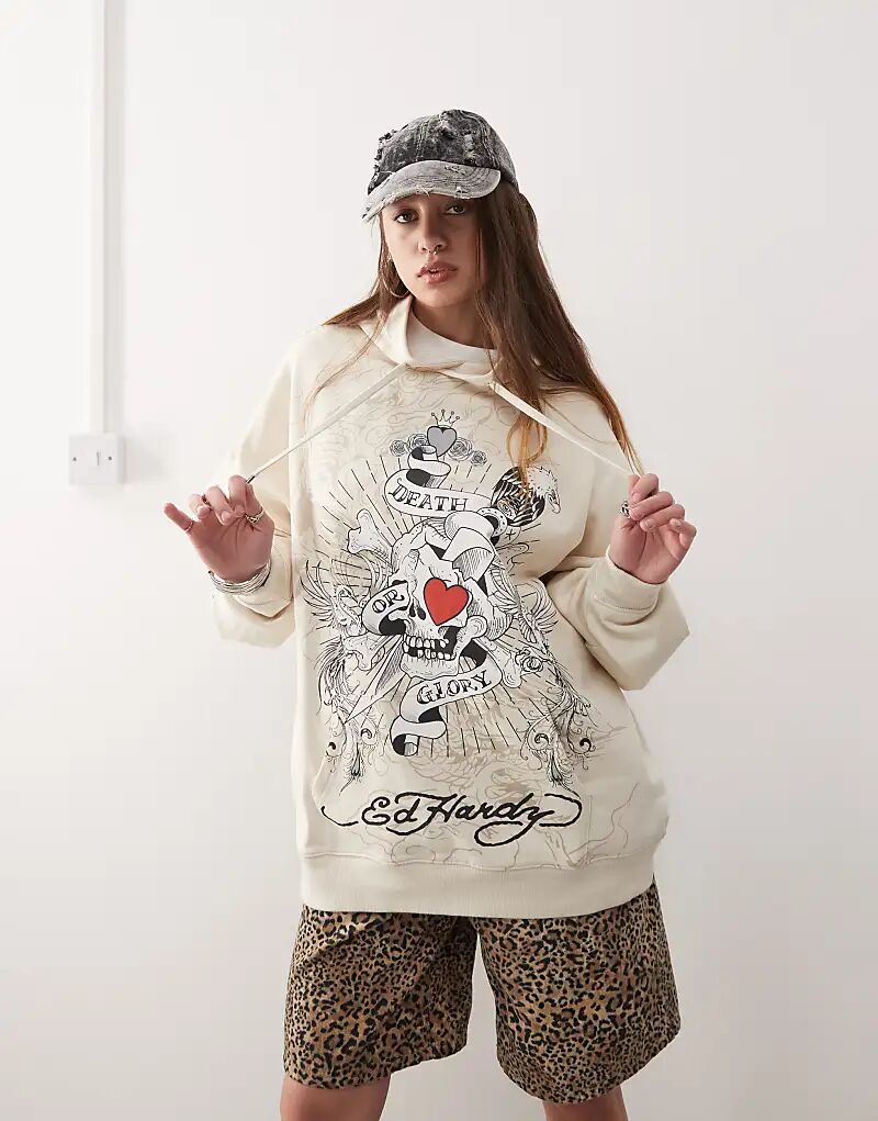 

Толстовка с капюшоном «смерть или слава» бежевого цвета Ed Hardy