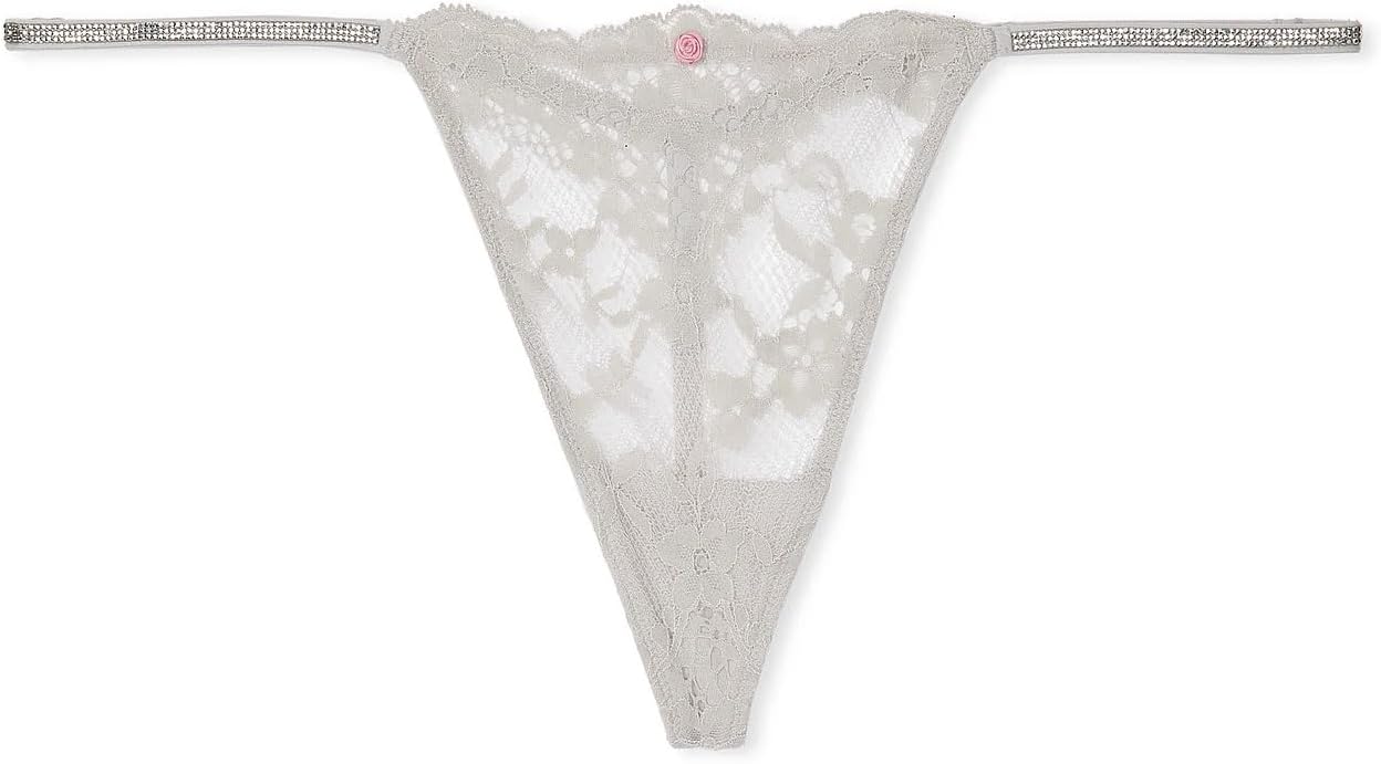 Victoria's Secret трусики V-стринг с кружевом и стразами, цвет Gray, Gray/Silver Pearl — фото 3