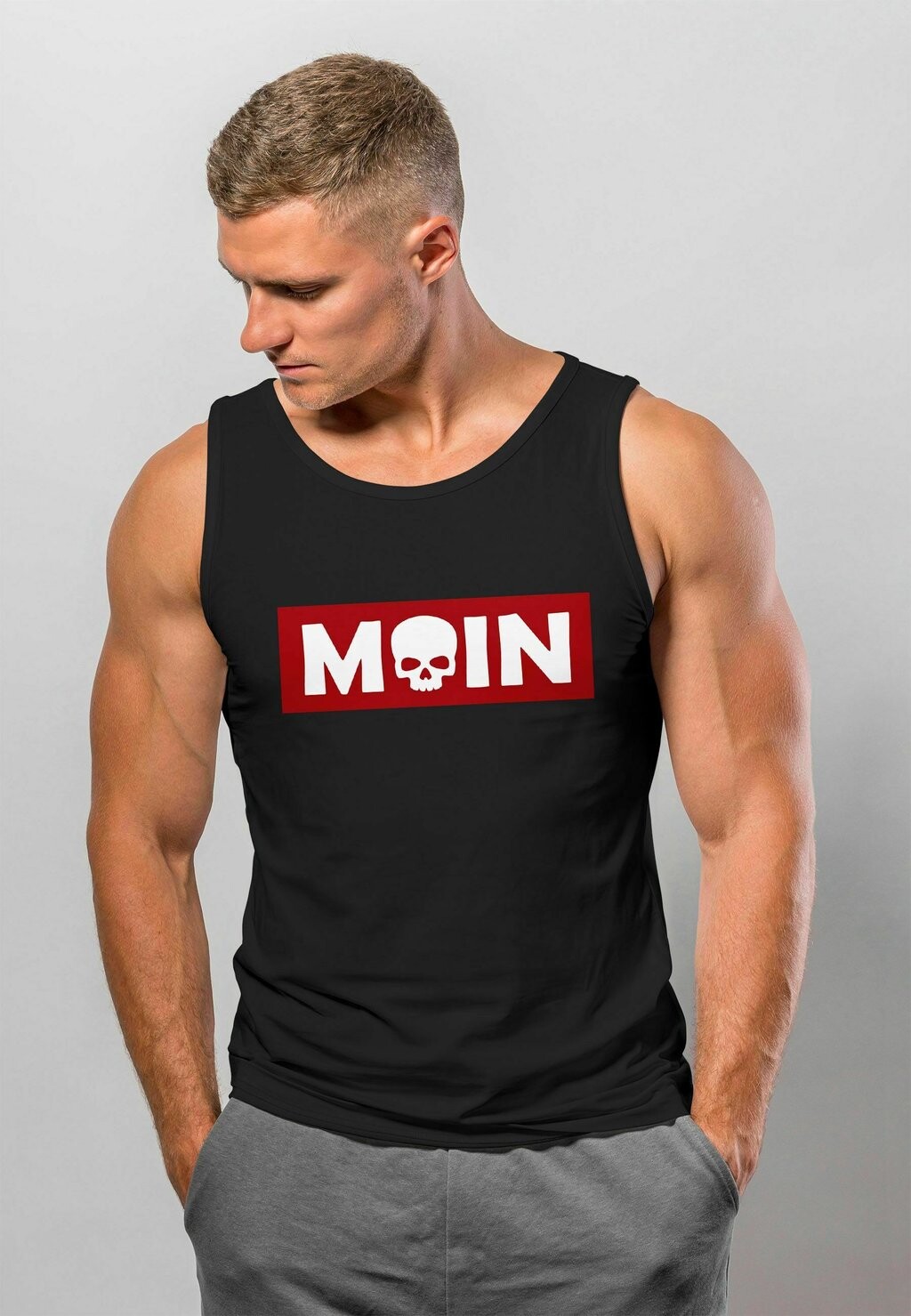

Топ SCHRIFTZUG MOIN SKULL KOPF PARODIE MUSKEL Neverless, черный