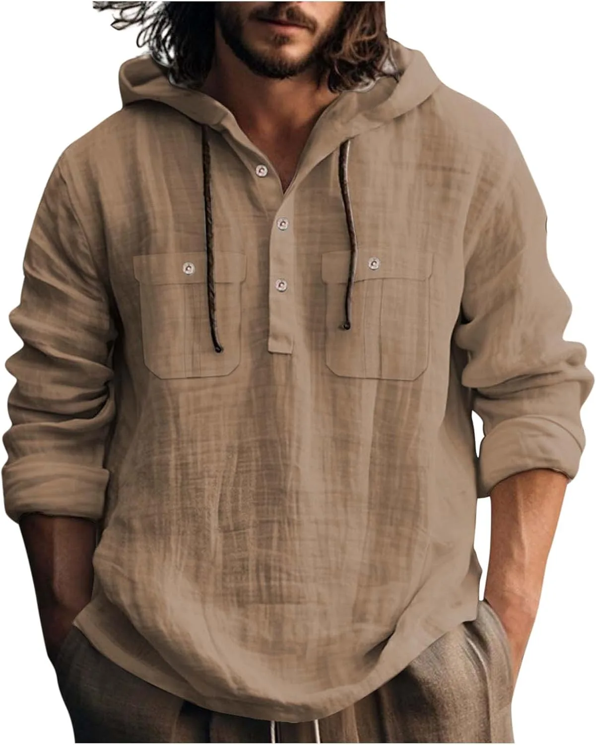 

Мужская хлопковая льняная рубашка с капюшоном на пуговицах и карманами