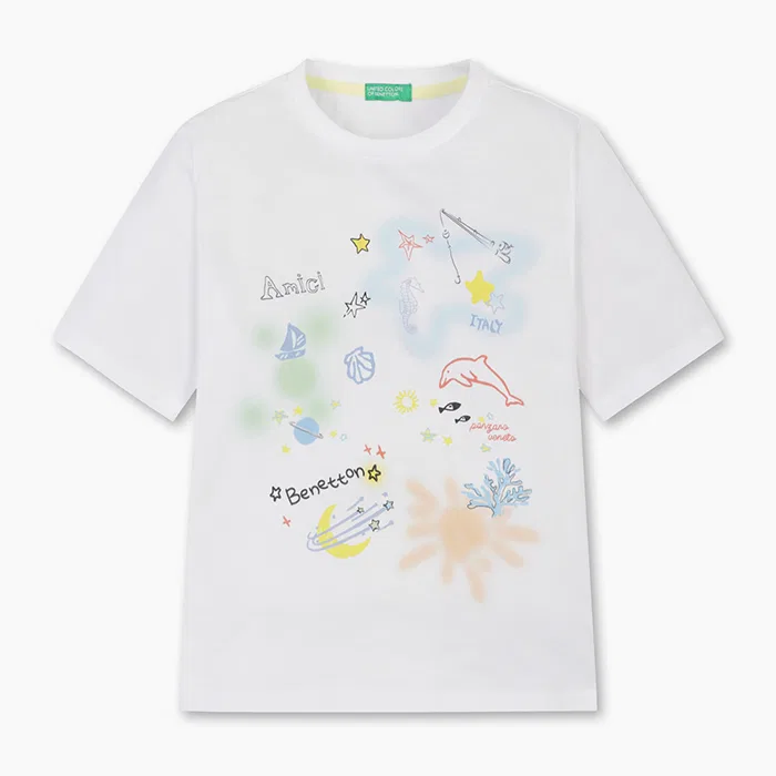 Детская футболка с графическим принтом "Океан" белого цвета от Benetton Kids