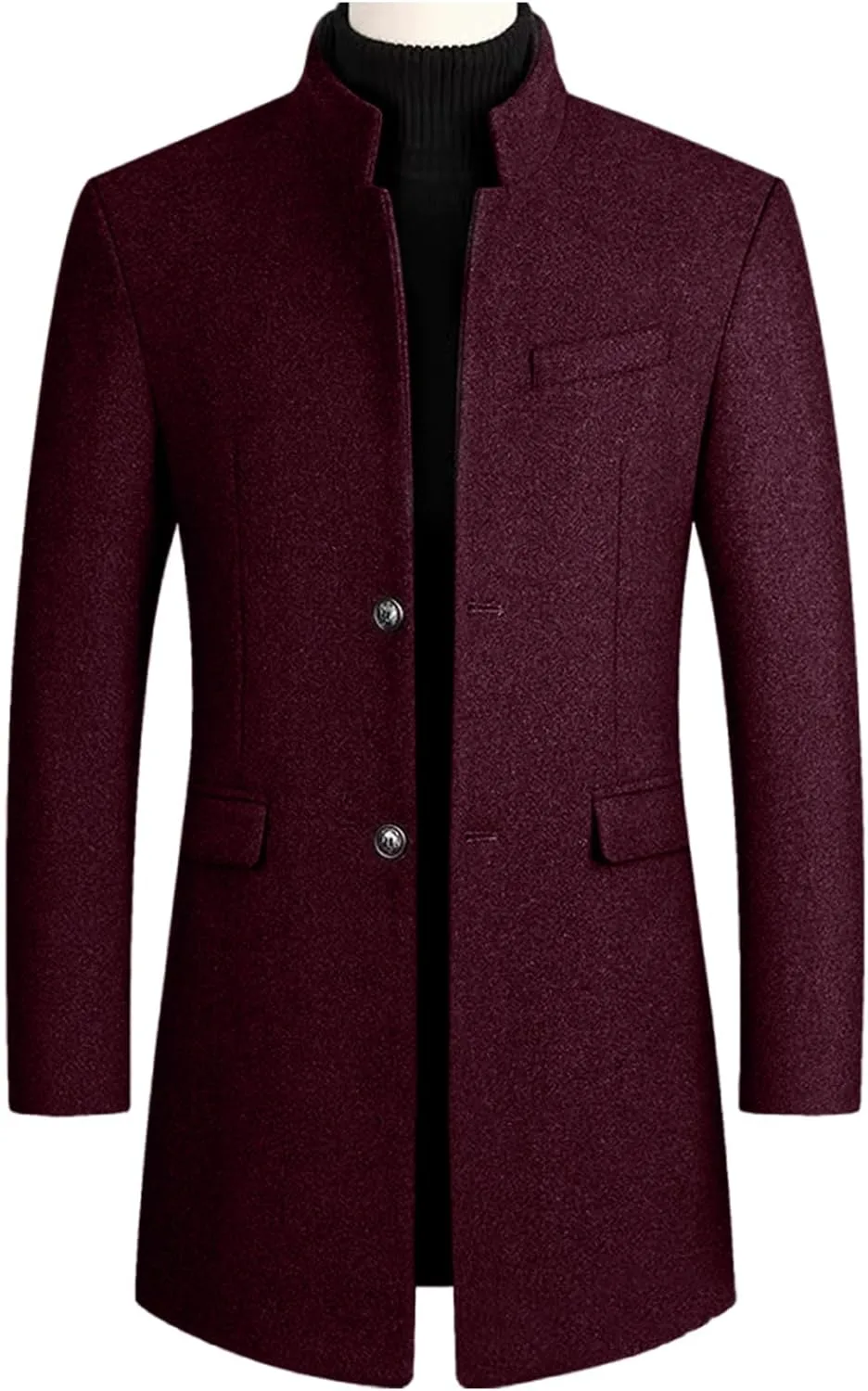 Мужское пальто Mid Long Single Breasted Lapel Notched Pea Coat из шерстяной смеси для бизнес-кэжуал с карманами Generic, A01#Wine