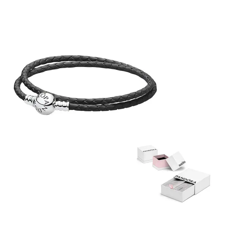

Pandora Моменты двойной черный кожаный браслет