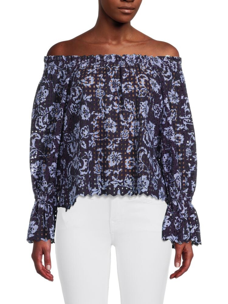 

Топ с открытыми плечами и цветочным принтом, связанный крючком Ramy Brook, темно-синий