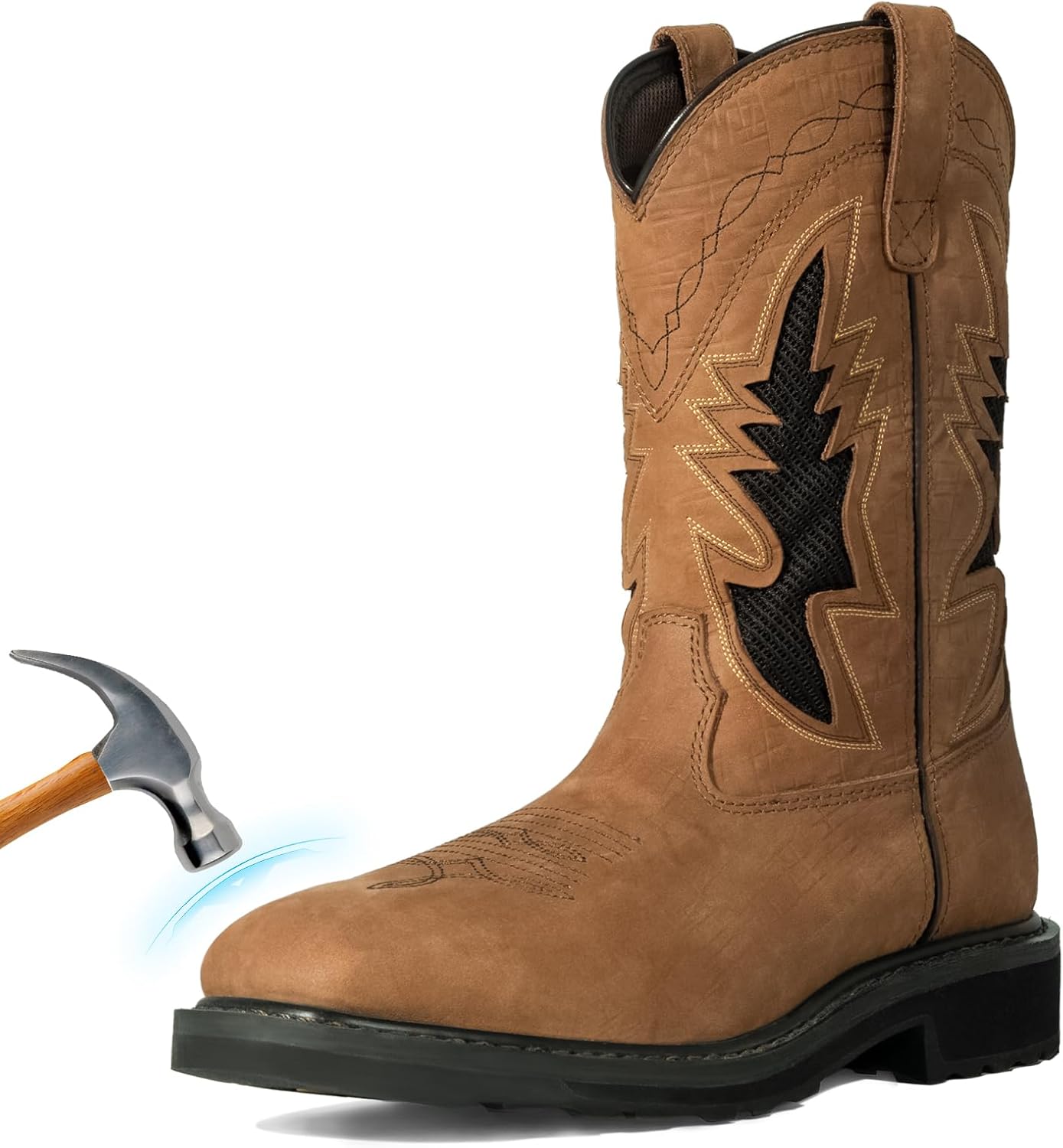 

Мужские ковбойские ботинки со стальным носком - проколостойкие с промежуточной подошвой из ЭВА, дышащая кожа, конструкция Goodyear Welt, коричневые западные мужские ботинки Hunthor