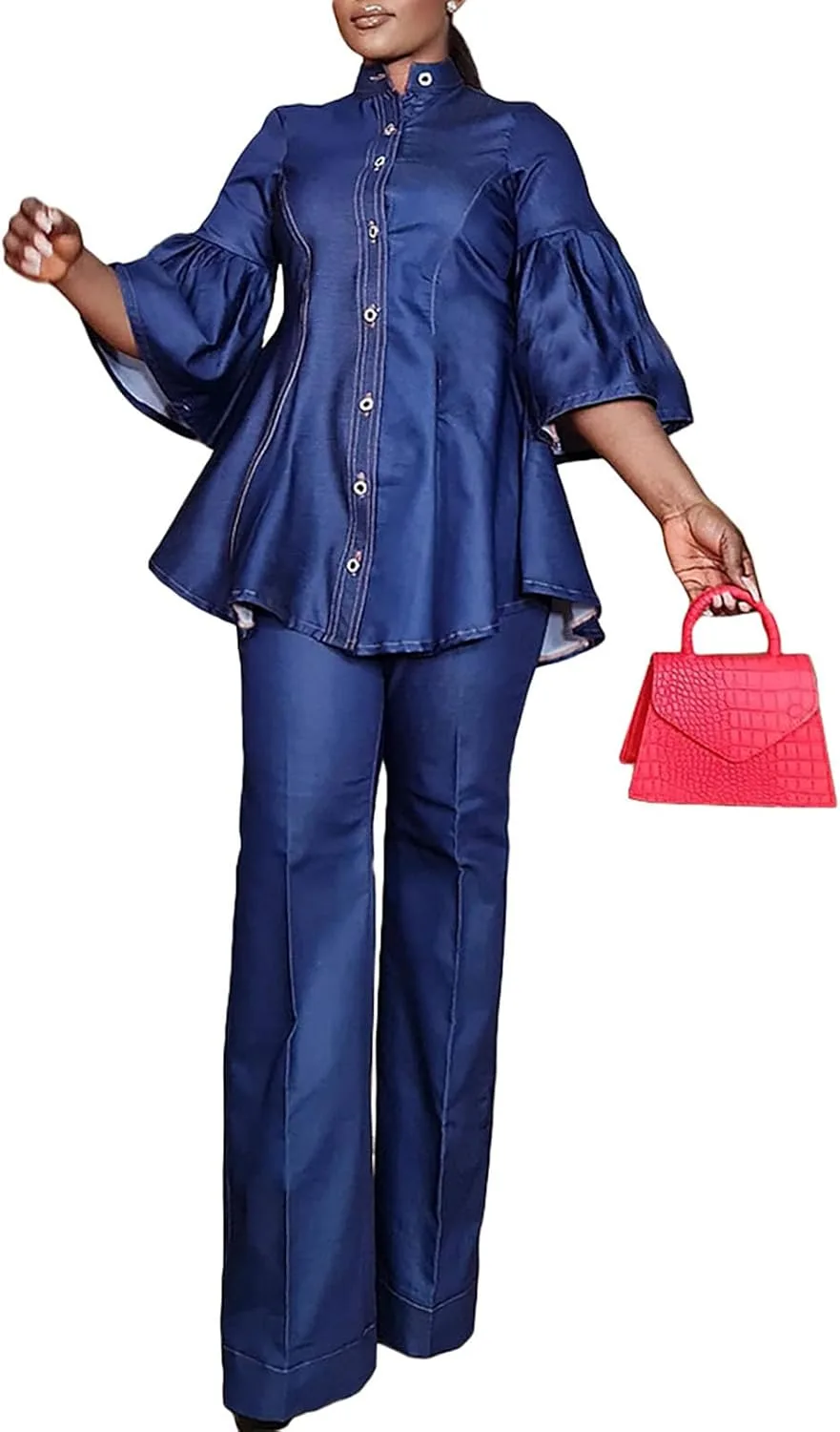 

Повседневный денимовый сет для женщин: рубашка с 3/4 рукавом и широкие брюки, plus size JEKYUARA