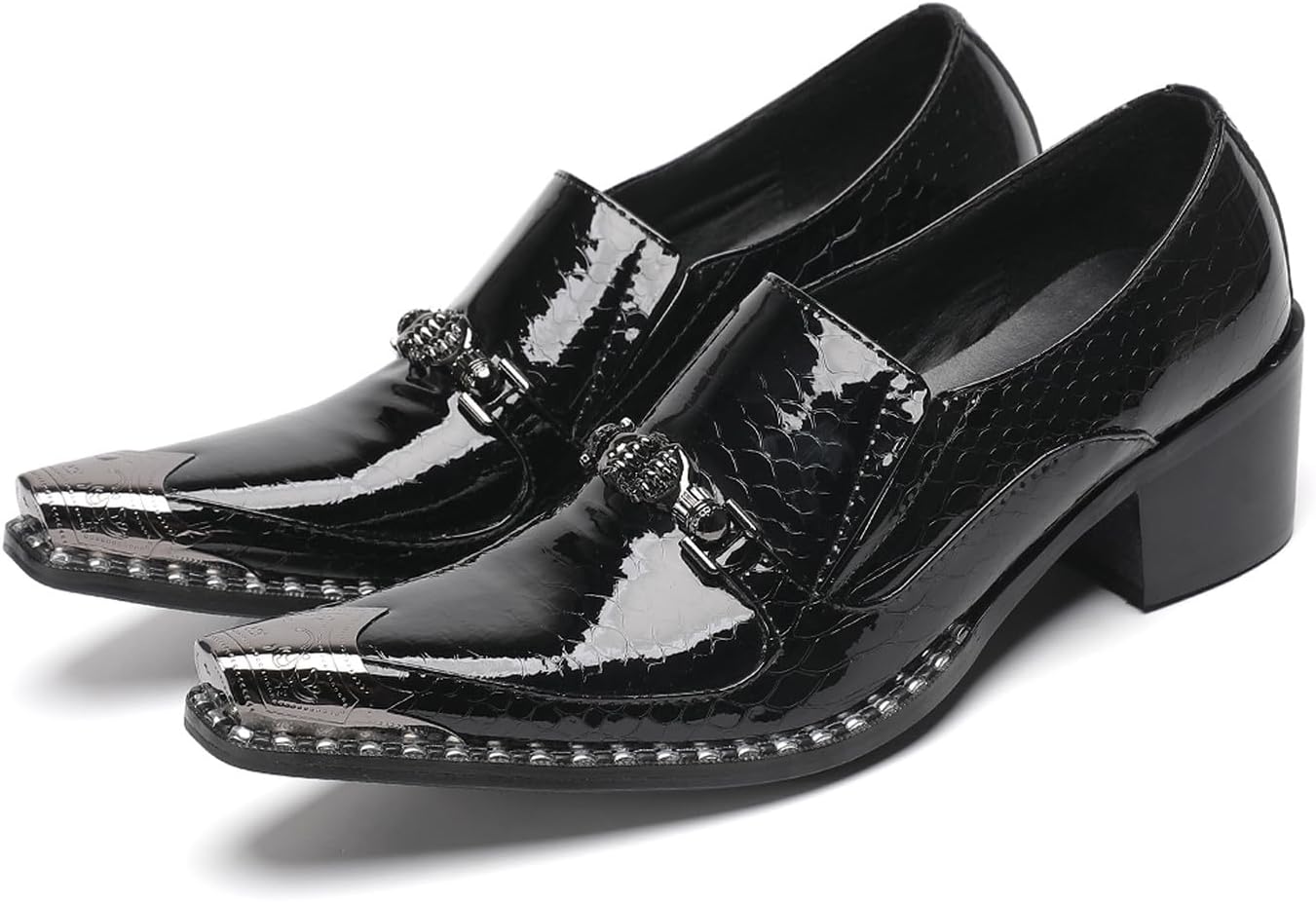 

Мужские слипоны, повседневные лоферы с металлическим заостренным носком, каблук-блок, модная обувь из натуральной кожи в западном стиле для бального зала, вечеринок и посещения баров Santimon, черный