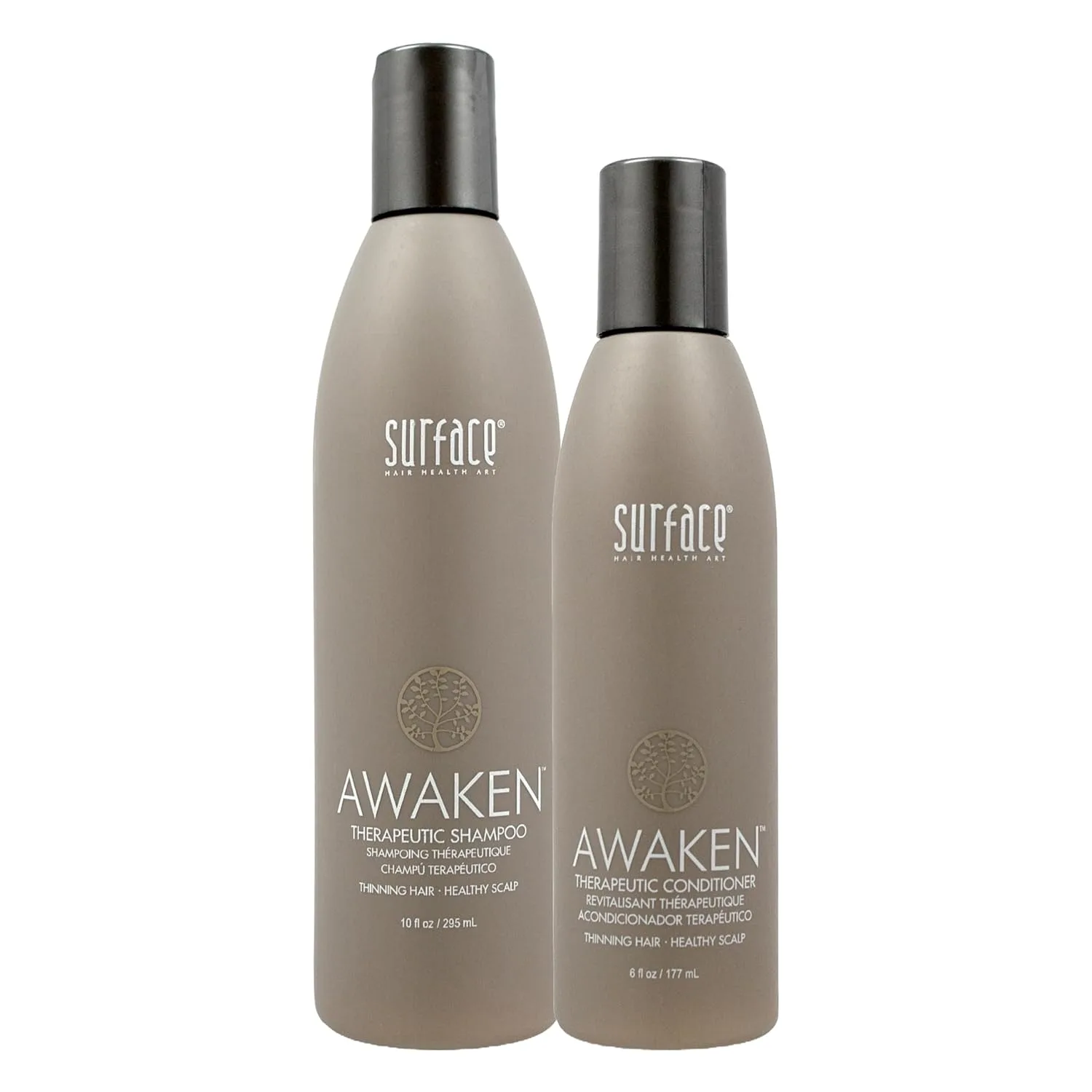 Набор из двух лечебных шампуня и кондиционера Surface Hair Awaken для заметного утолщения и укрепления тонких волос.