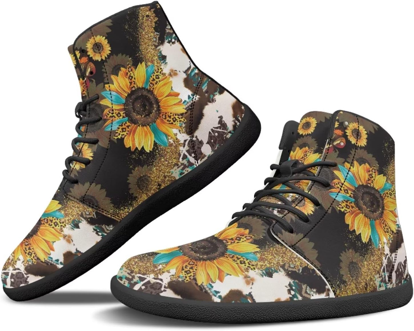 

Женские и мужские босоногообразные ботинки Binienty, широкая полнота, модные кроссовки на шнуровке, минималистичные обувь с нулевым перепадом, уличная обувь, Cow Print Sunflower