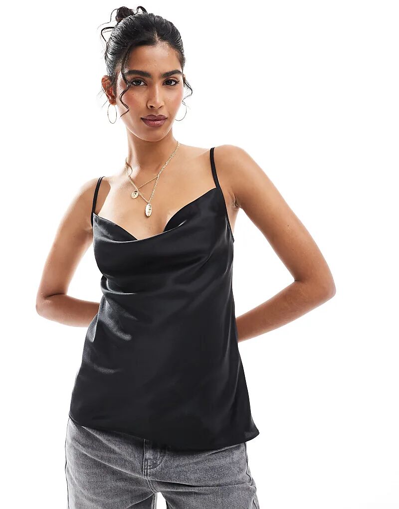

Атласная косая майка с воротником-хомутиком черного цвета ASOS DESIGN
