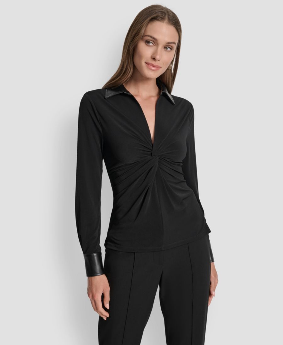 

Женская блузка с перекрученным передом и контрастной отделкой, надеваемая через голову DKNY, Black