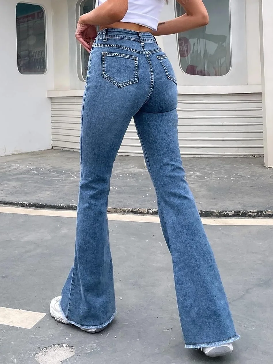 Женские джинсы с высокой талией и расклешенным низом Generic, Medium Wash — фото 3